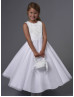 Beaded White Satin Tulle Tea Length Flower Girl Dress 